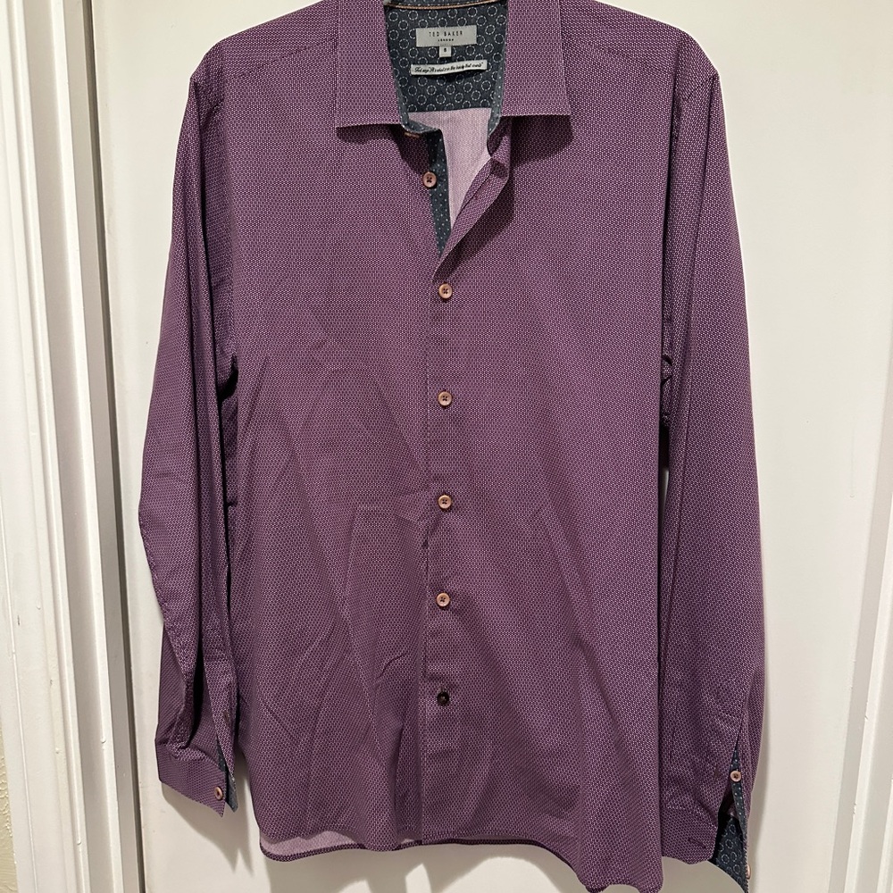 Ted Baker Purple Print Long Sleeve Button Down Collared Dress Shirt